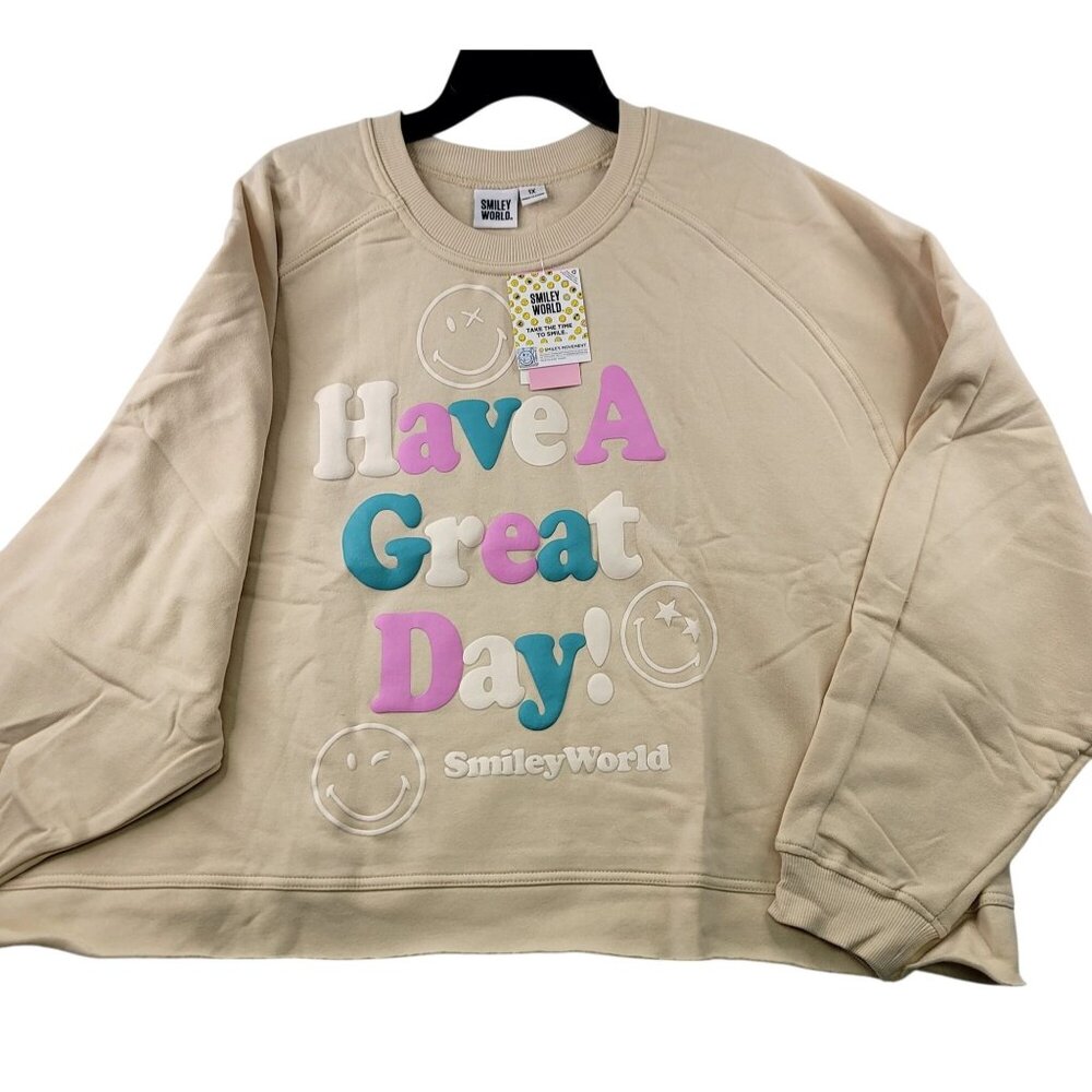 Smiley World Womens Great Day Smiley World Graphic Sweatshirt Beige 1X